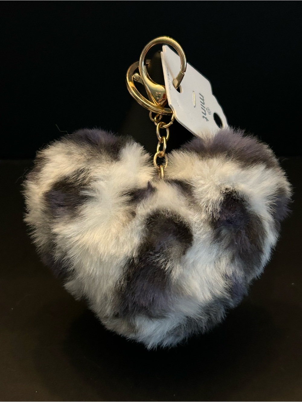Mint Faux Fur Heart Bag Charm Keychain - Gray, White & Black